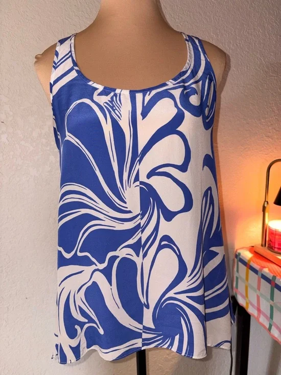 Lilly Pulitzer Malie Silk Top Blue White Tropical Silk Tank Top - Picture 1 of 4